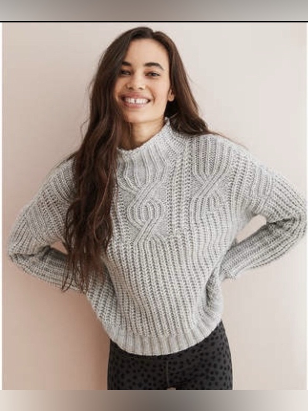 Aerie mock neck Classic Gray Cable Knit Mock Neck Sweater - Women's